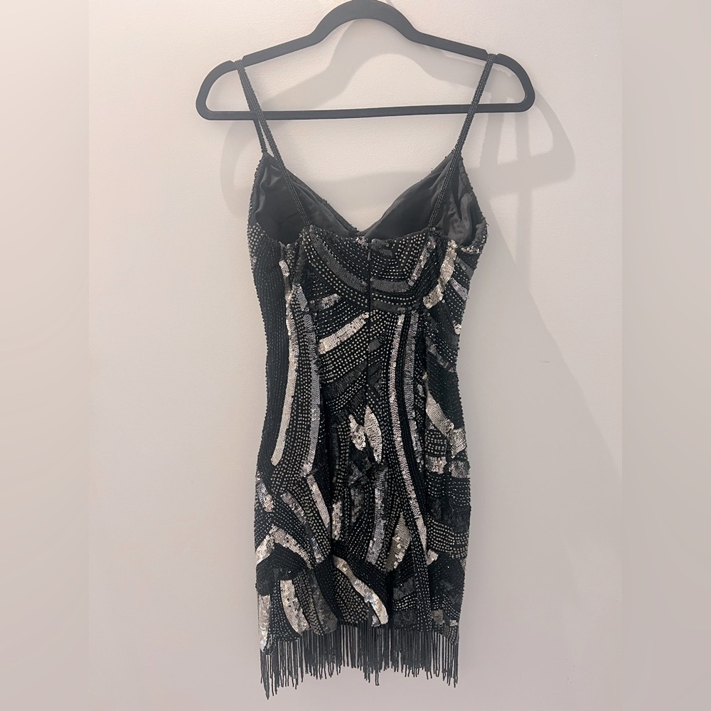 Vintage SCALA Black & Silver Beaded Fringe Dress | Size M | Made in India - Picture 5 of 7